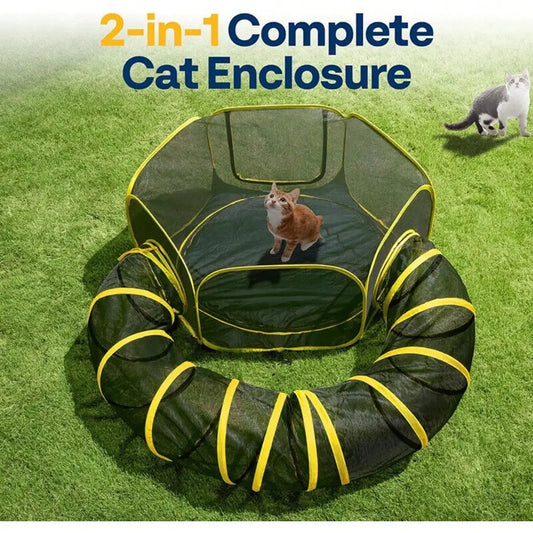 Outdoor Cat Enclosures 2-in-1, Portable Catio w/Cat Tent, Circle Playpen Tunnel