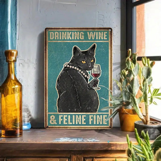 1PC Cat Drinking Wine Tin Sign