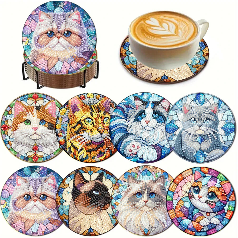 8Pcs Wooden Cats Diamond Painting Coasters