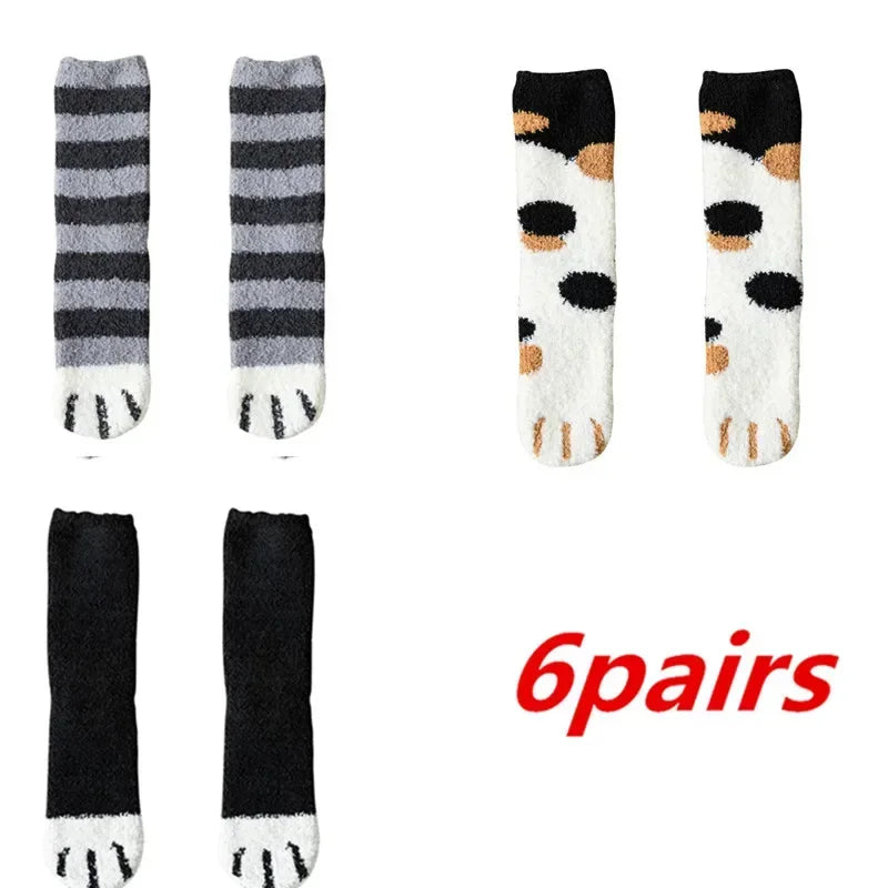 6 Pairs Womens Cats Paw Stripe 3d Socks