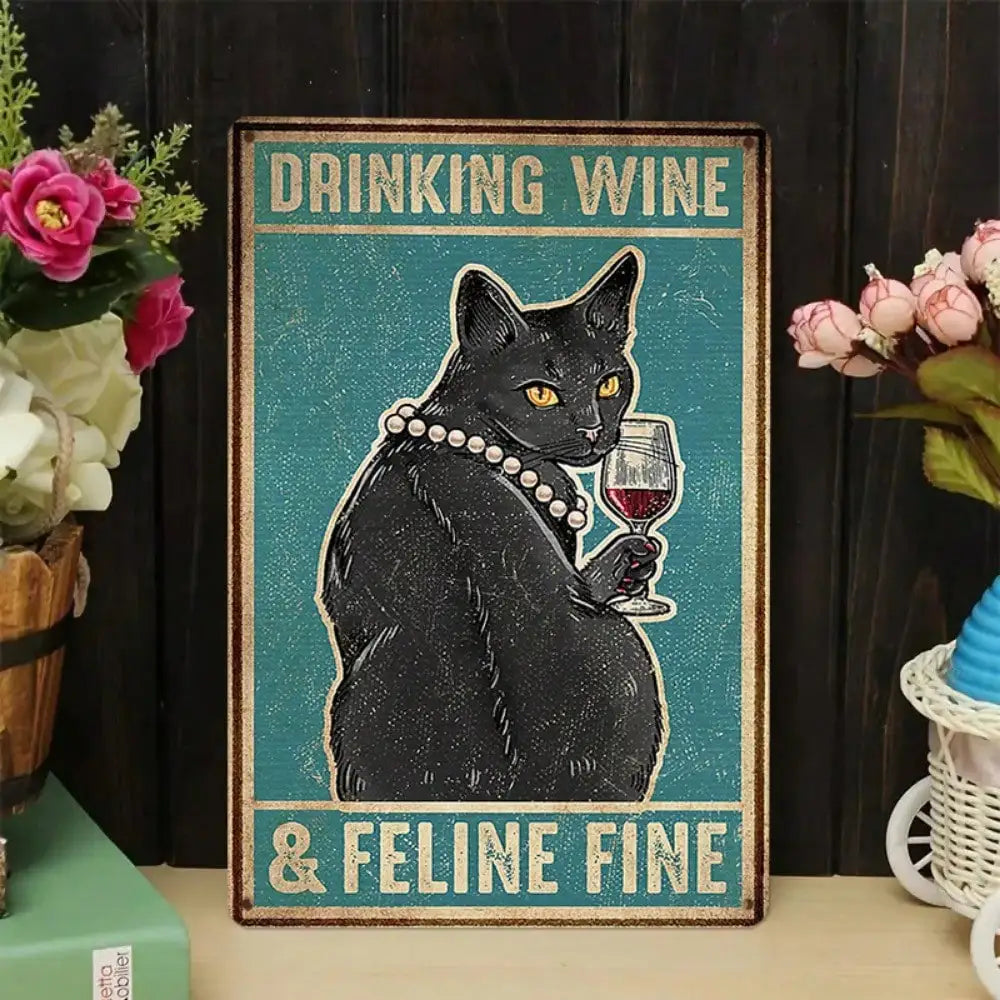 1PC Cat Drinking Wine Tin Sign