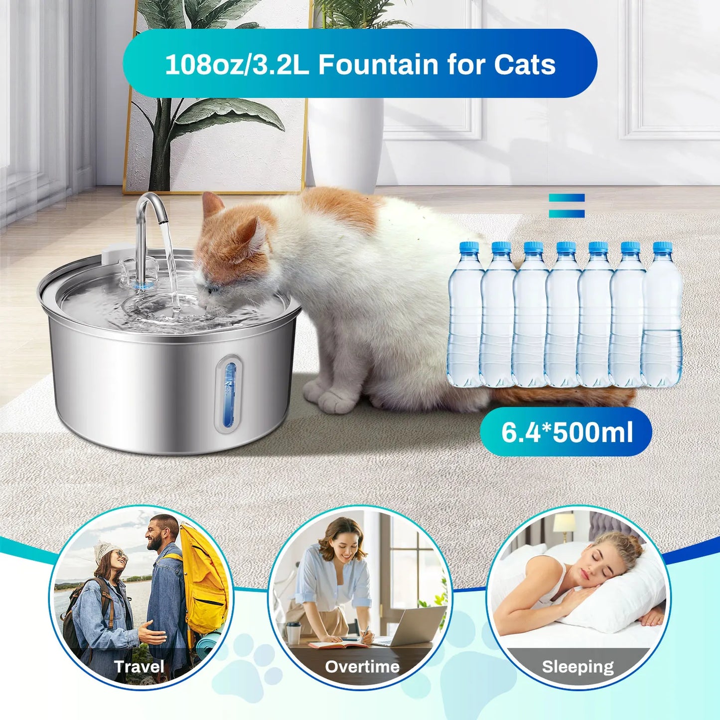Cat Water Fountain Stainless Steel, 108oz/3.2L