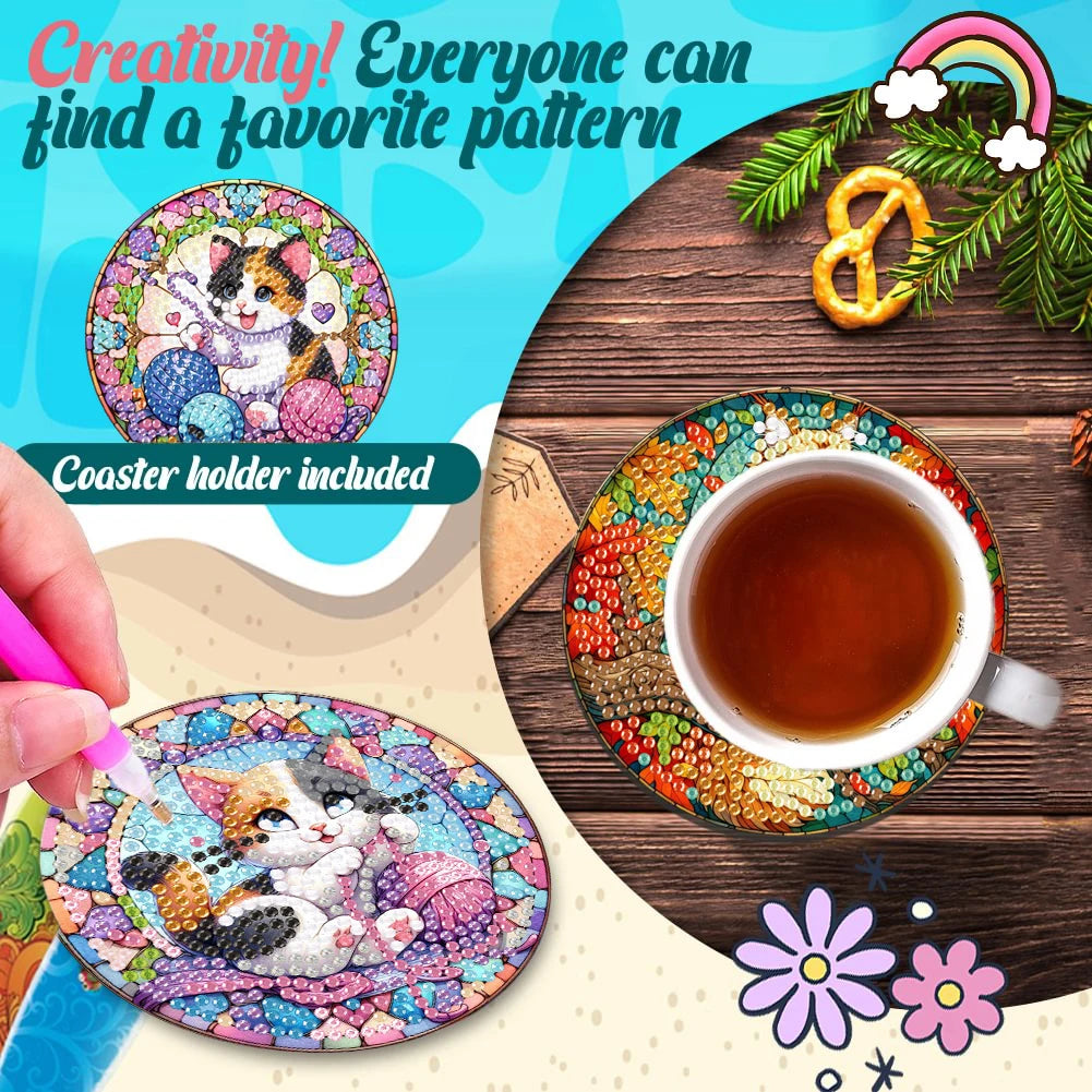 8Pcs Wooden Cats Diamond Painting Coasters
