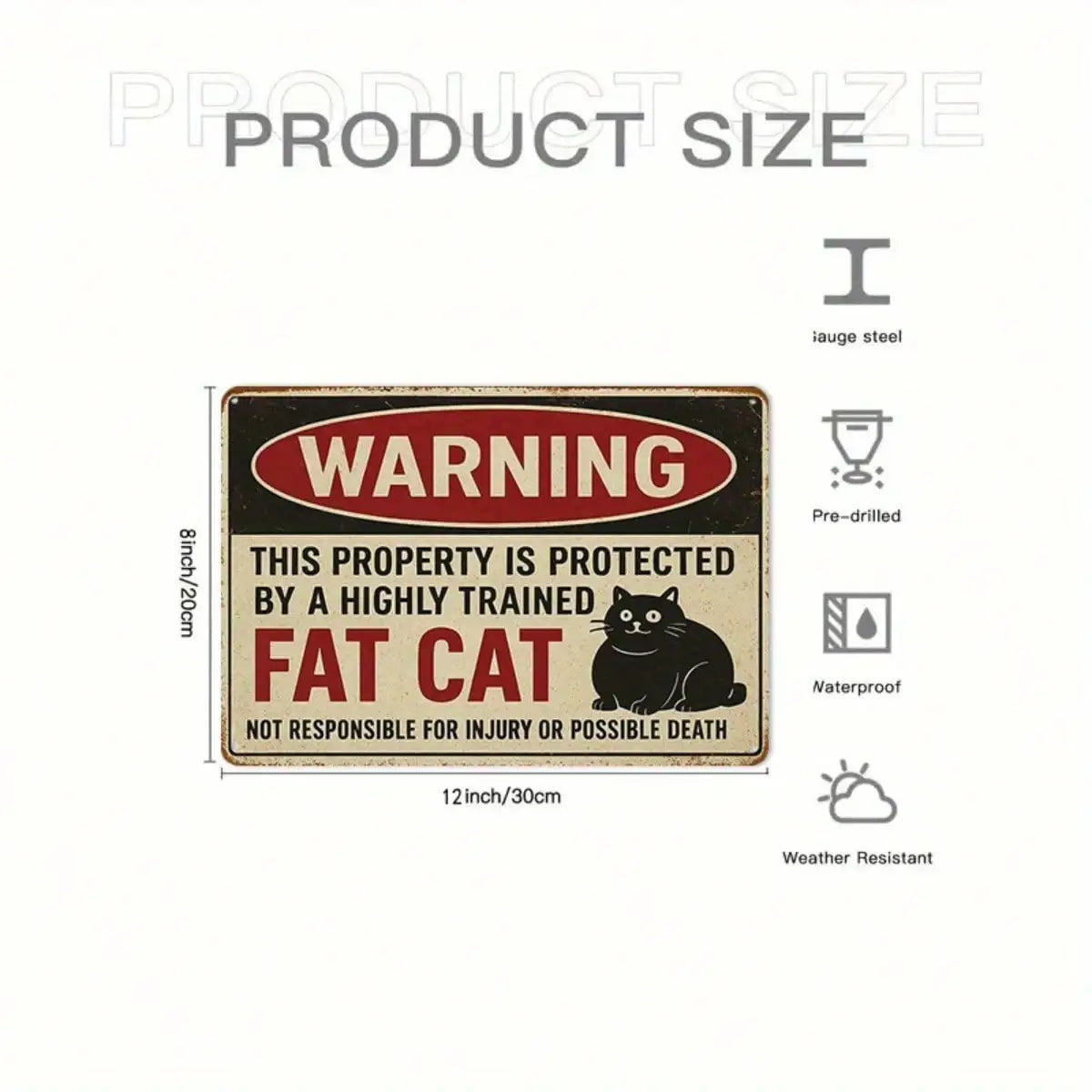 1PC Tin Sign Humorous Warning Protected By Fat Cat