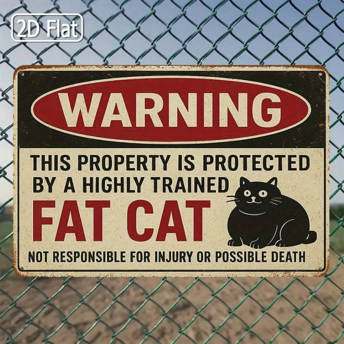 1PC Tin Sign Humorous Warning Protected By Fat Cat