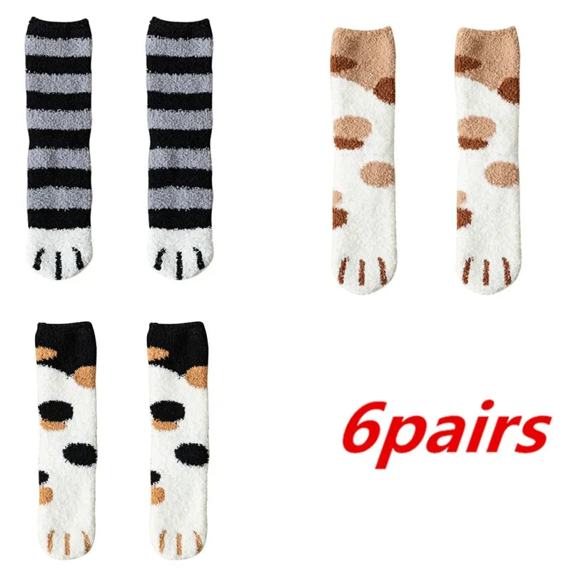 6 Pairs Womens Cats Paw Stripe 3d Socks