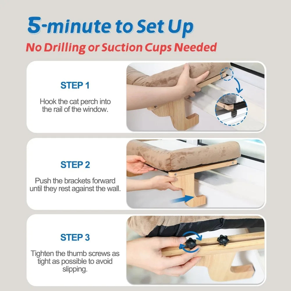 Cat Perch for Window Sill with Bolster - Orthopedic Hammock Design with Premium Hardwood & Robust Metal Frame