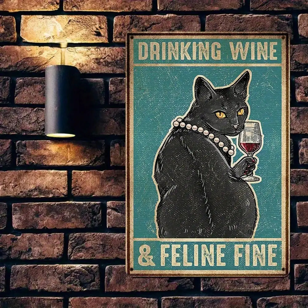 1PC Cat Drinking Wine Tin Sign