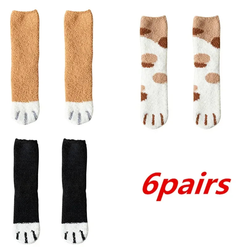 6 Pairs Womens Cats Paw Stripe 3d Socks