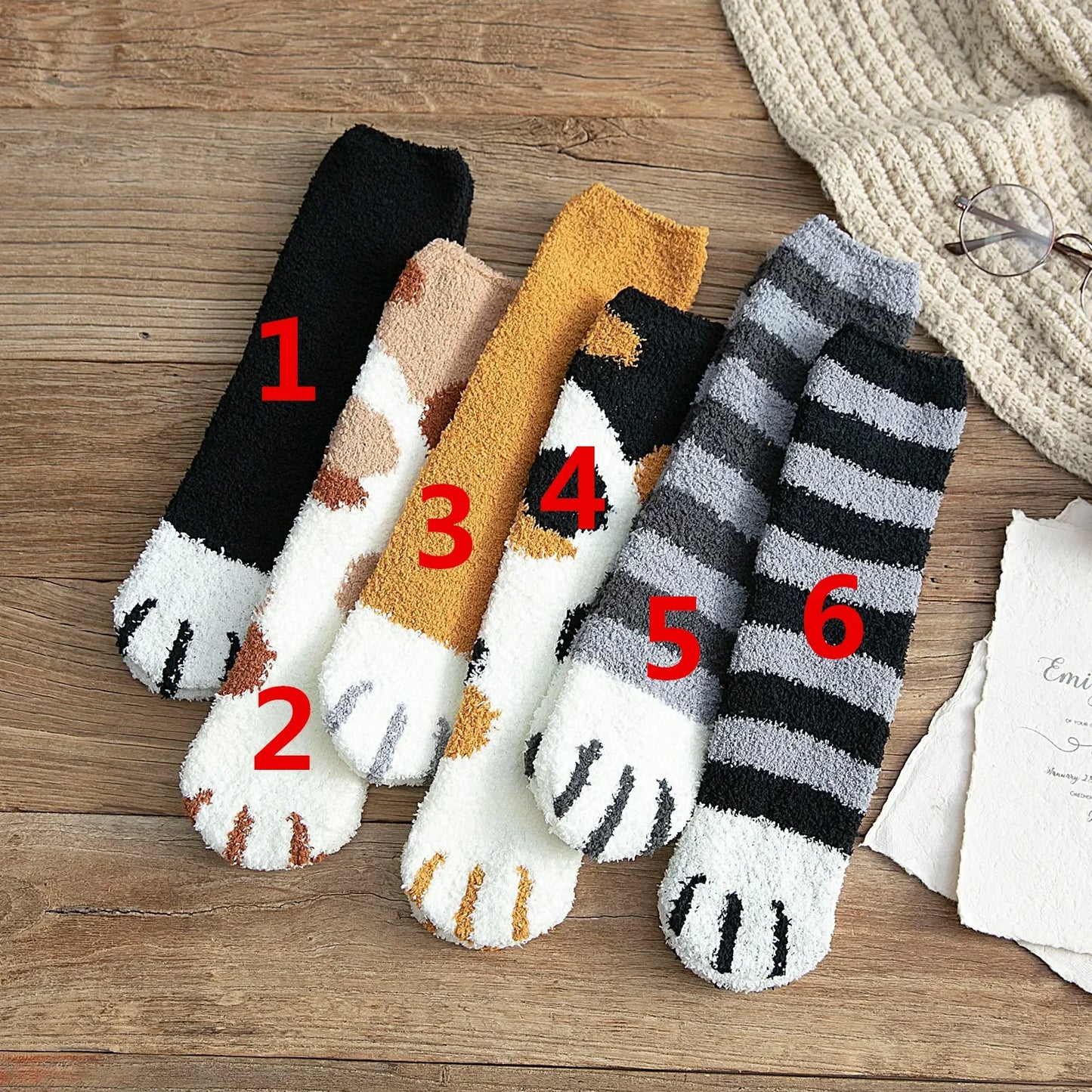 6 Pairs Womens Cats Paw Stripe 3d Socks