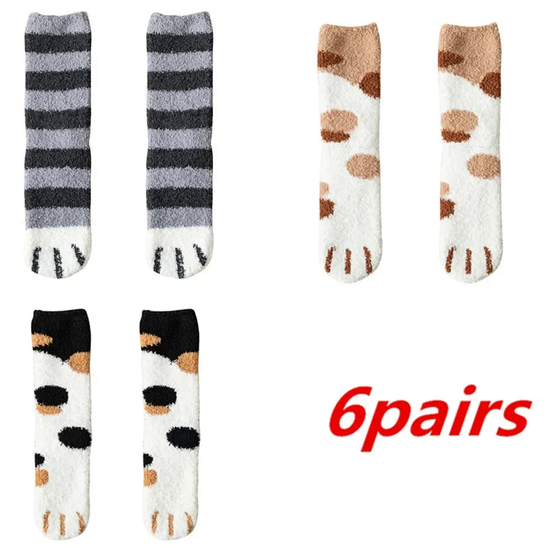 6 Pairs Womens Cats Paw Stripe 3d Socks
