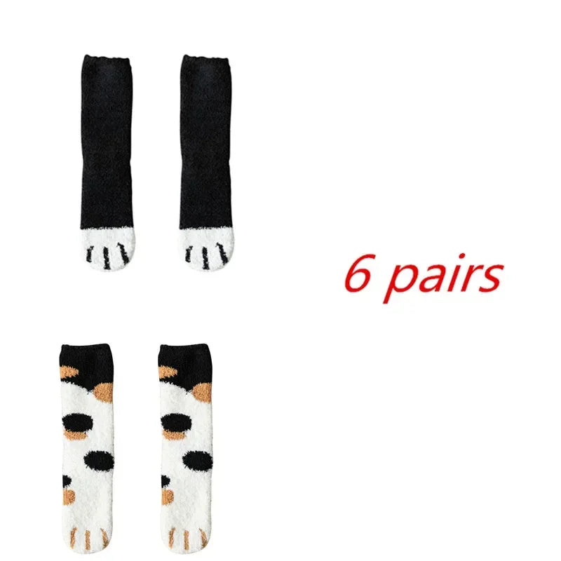 6 Pairs Womens Cats Paw Stripe 3d Socks