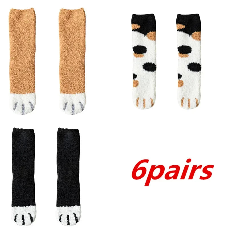 6 Pairs Womens Cats Paw Stripe 3d Socks