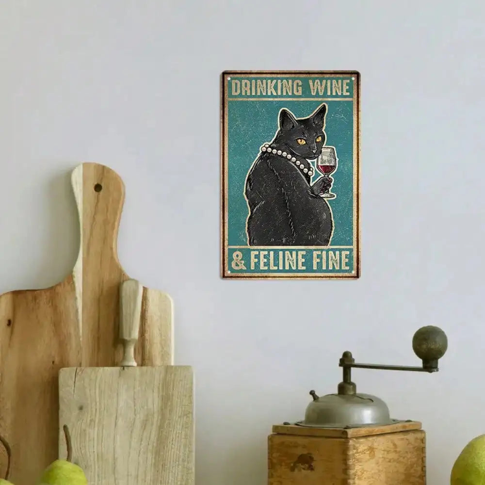 1PC Cat Drinking Wine Tin Sign
