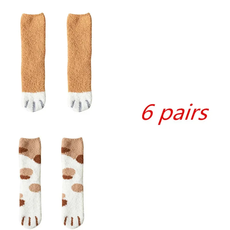 6 Pairs Womens Cats Paw Stripe 3d Socks