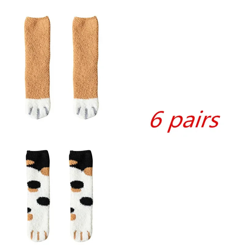 6 Pairs Womens Cats Paw Stripe 3d Socks