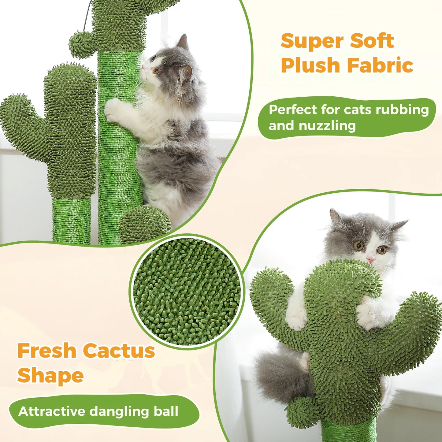 Cactus Cat Scratching Post for Indoor Cats Tall Cat Scratcher with 3 Sisal Scratching Poles Interactive Dangling Ball Cat Toys