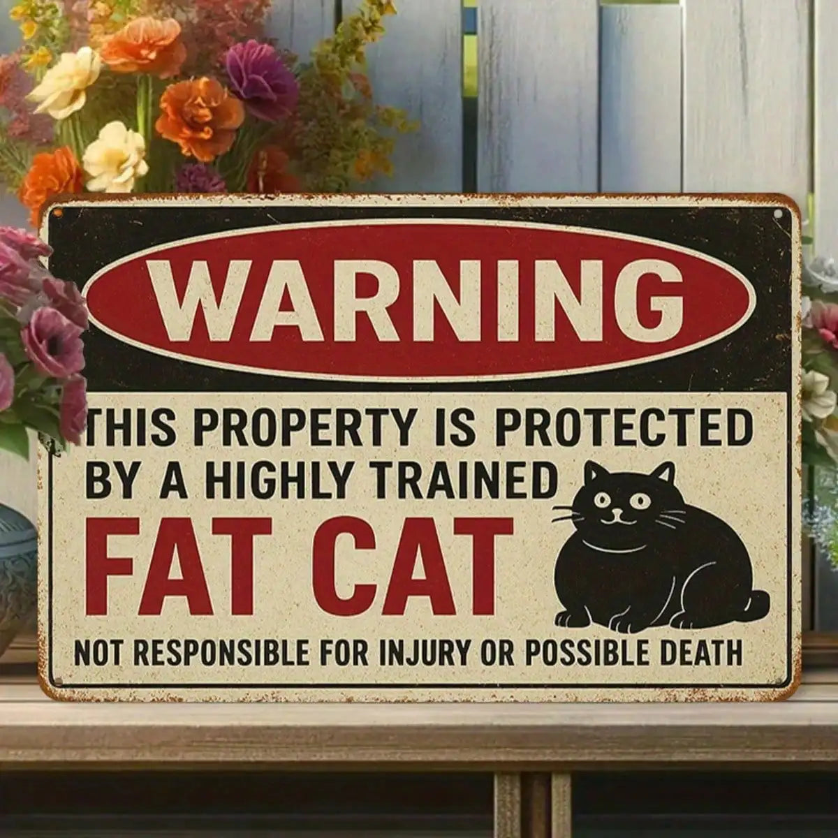 1PC Tin Sign Humorous Warning Protected By Fat Cat