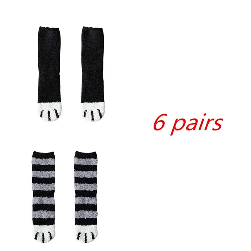 6 Pairs Womens Cats Paw Stripe 3d Socks