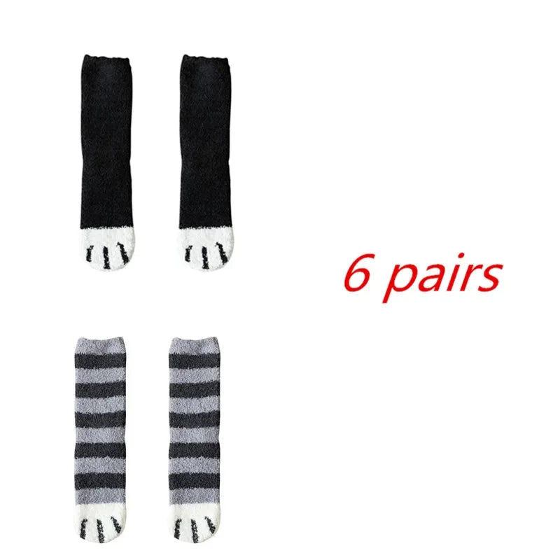 6 Pairs Womens Cats Paw Stripe 3d Socks