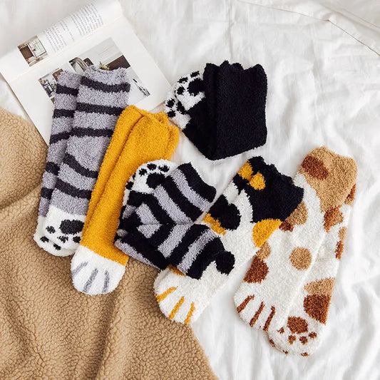 6 Pairs Womens Cats Paw Stripe 3d Socks