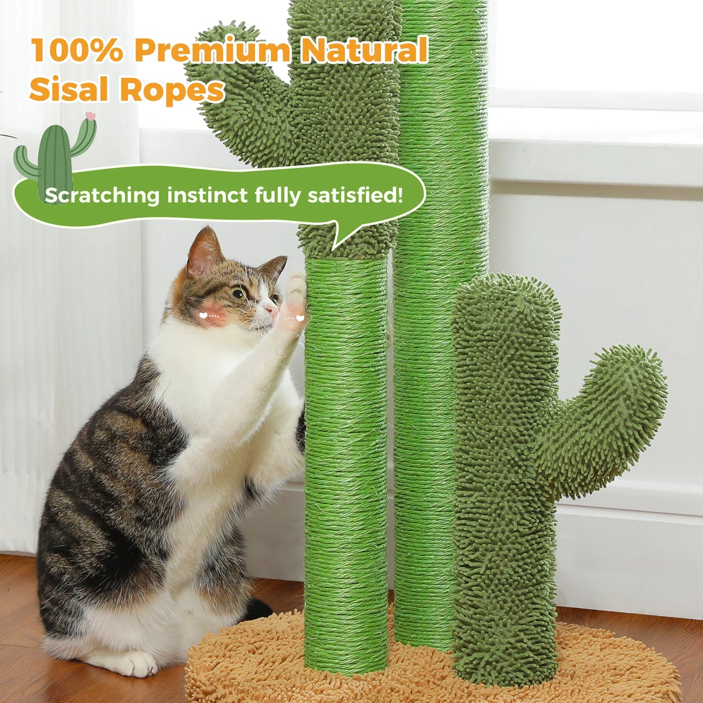 Cactus Cat Scratching Post for Indoor Cats Tall Cat Scratcher with 3 Sisal Scratching Poles Interactive Dangling Ball Cat Toys