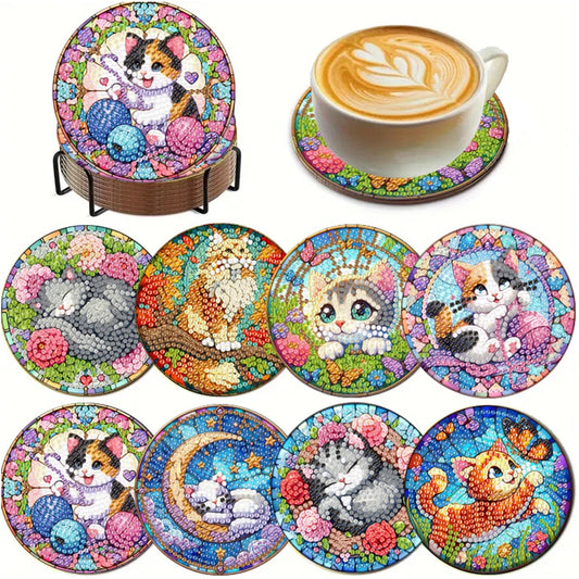 8Pcs Wooden Cats Diamond Painting Coasters