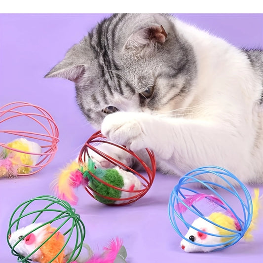 Cage Mouse Ball-Shaped Cat Toy With Feather Tail‌‌ Cat Toy