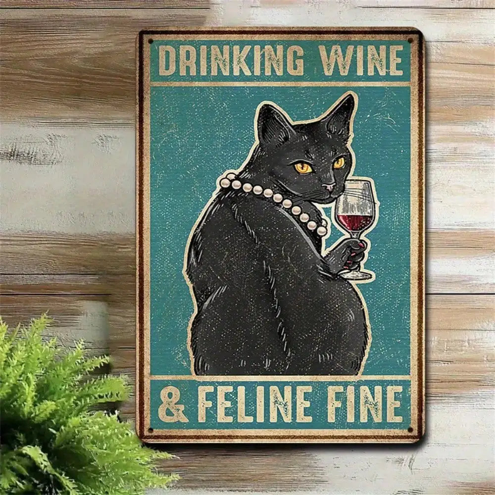 1PC Cat Drinking Wine Tin Sign