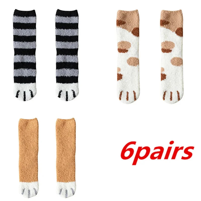 6 Pairs Womens Cats Paw Stripe 3d Socks