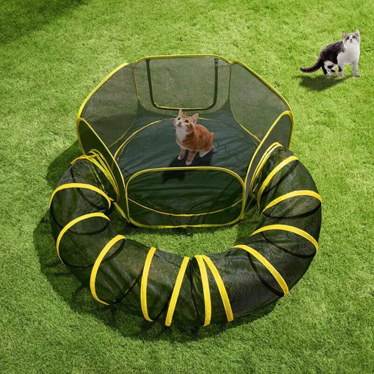 Outdoor Cat Enclosures 2-in-1, Portable Catio w/Cat Tent, Circle Playpen Tunnel