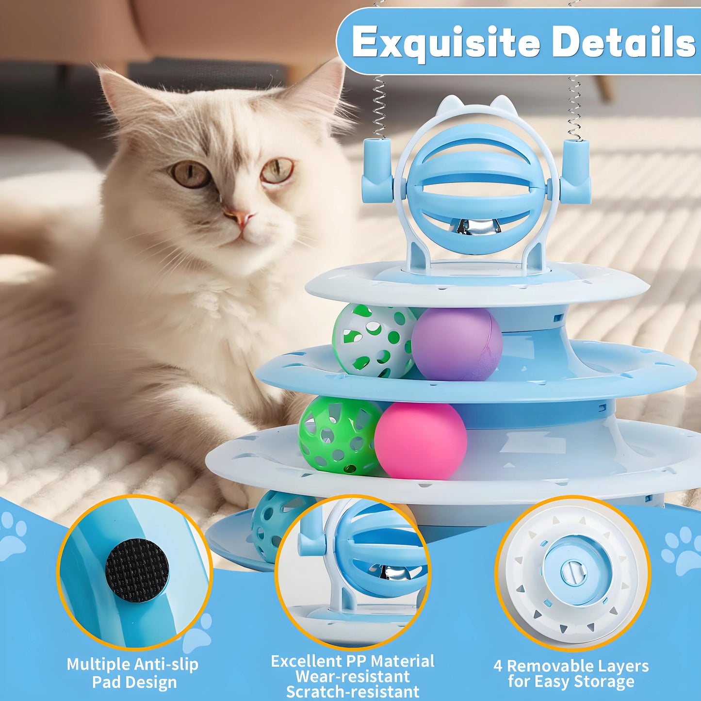 Interactive Cat Toy Puzzle Ball with 2 Teaser Wands | Mental Stimulation for Indoor Cats & Kittens | No Batteries Needed