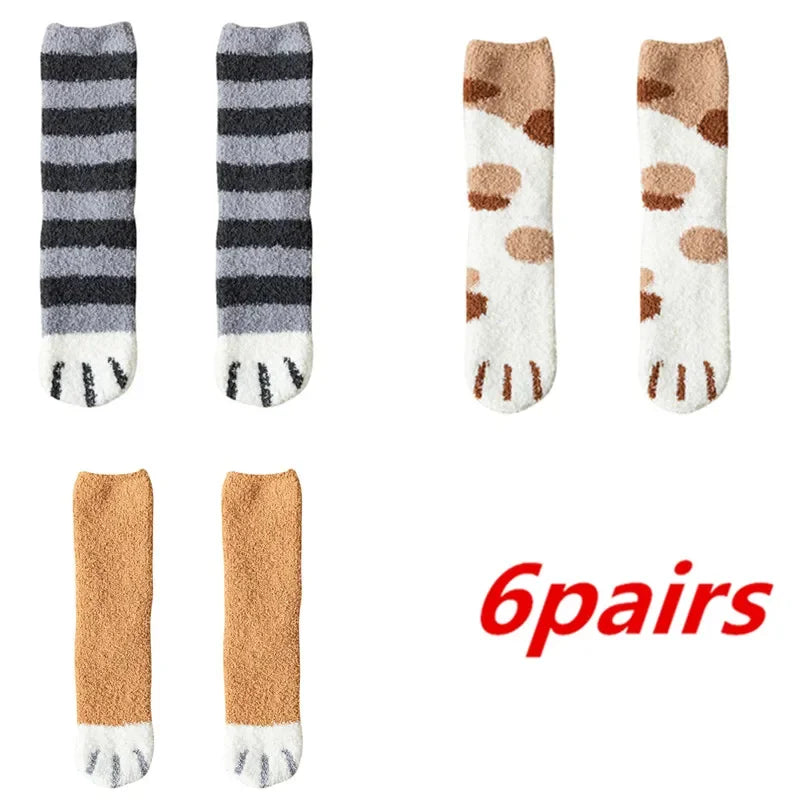 6 Pairs Womens Cats Paw Stripe 3d Socks
