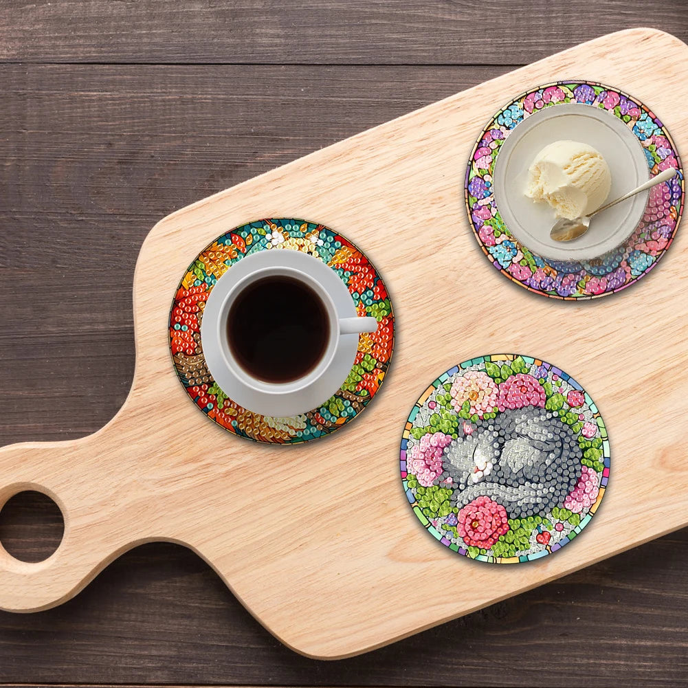 8Pcs Wooden Cats Diamond Painting Coasters