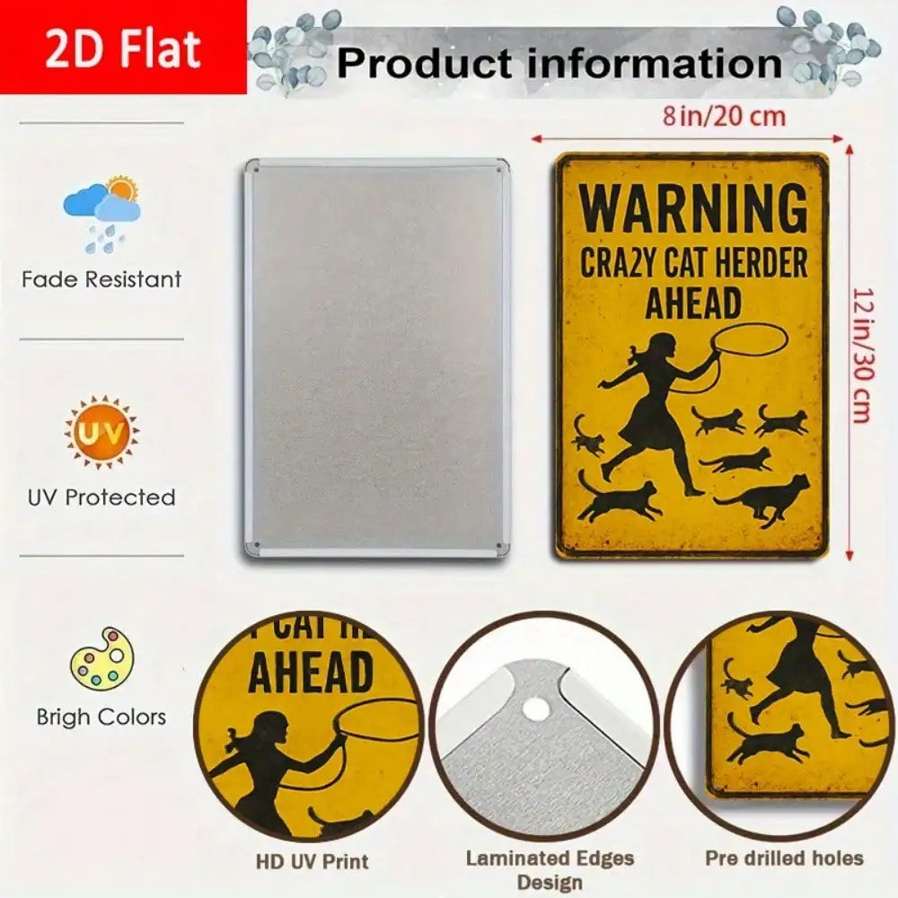 1PC "Warning Crazy Cat Herder Ahead" Tin Sign
