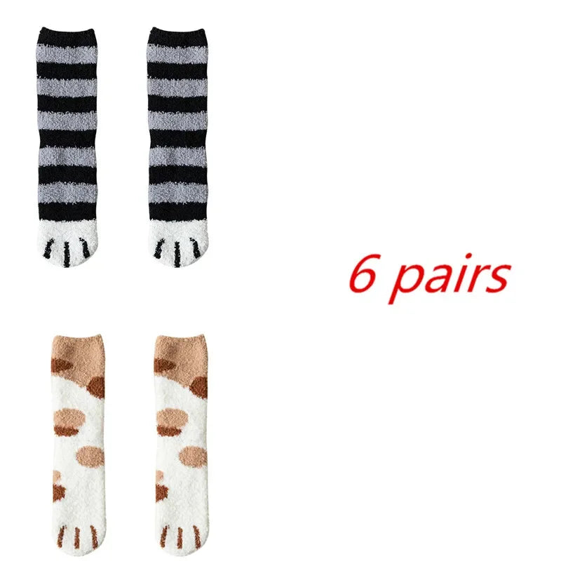 6 Pairs Womens Cats Paw Stripe 3d Socks