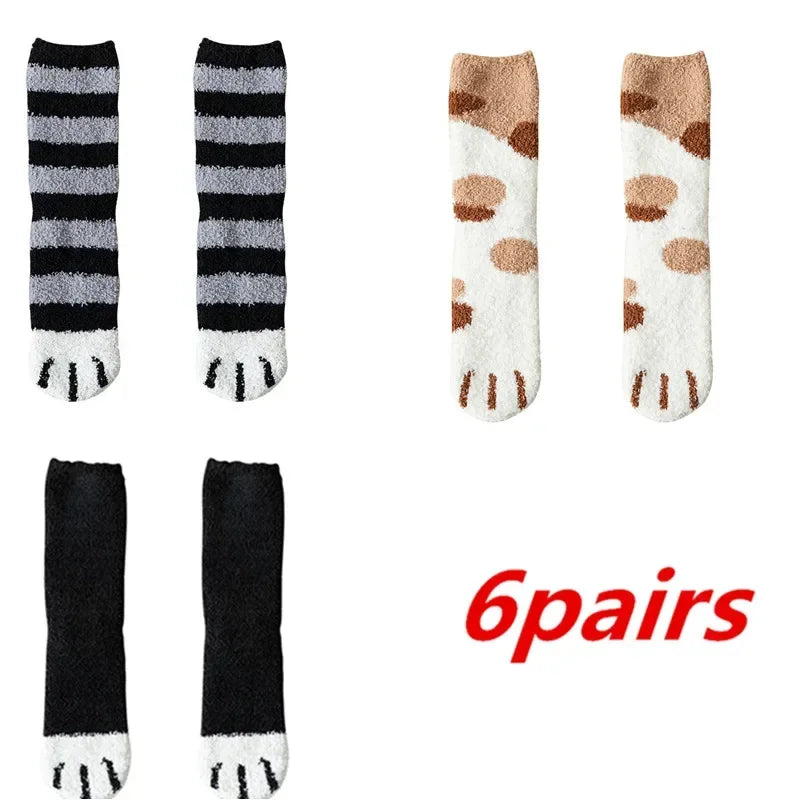 6 Pairs Womens Cats Paw Stripe 3d Socks