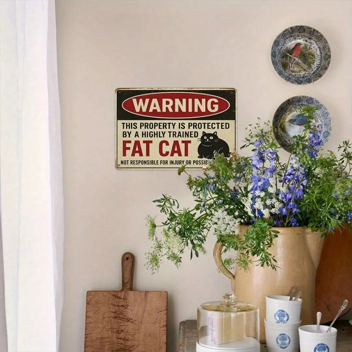 1PC Tin Sign Humorous Warning Protected By Fat Cat