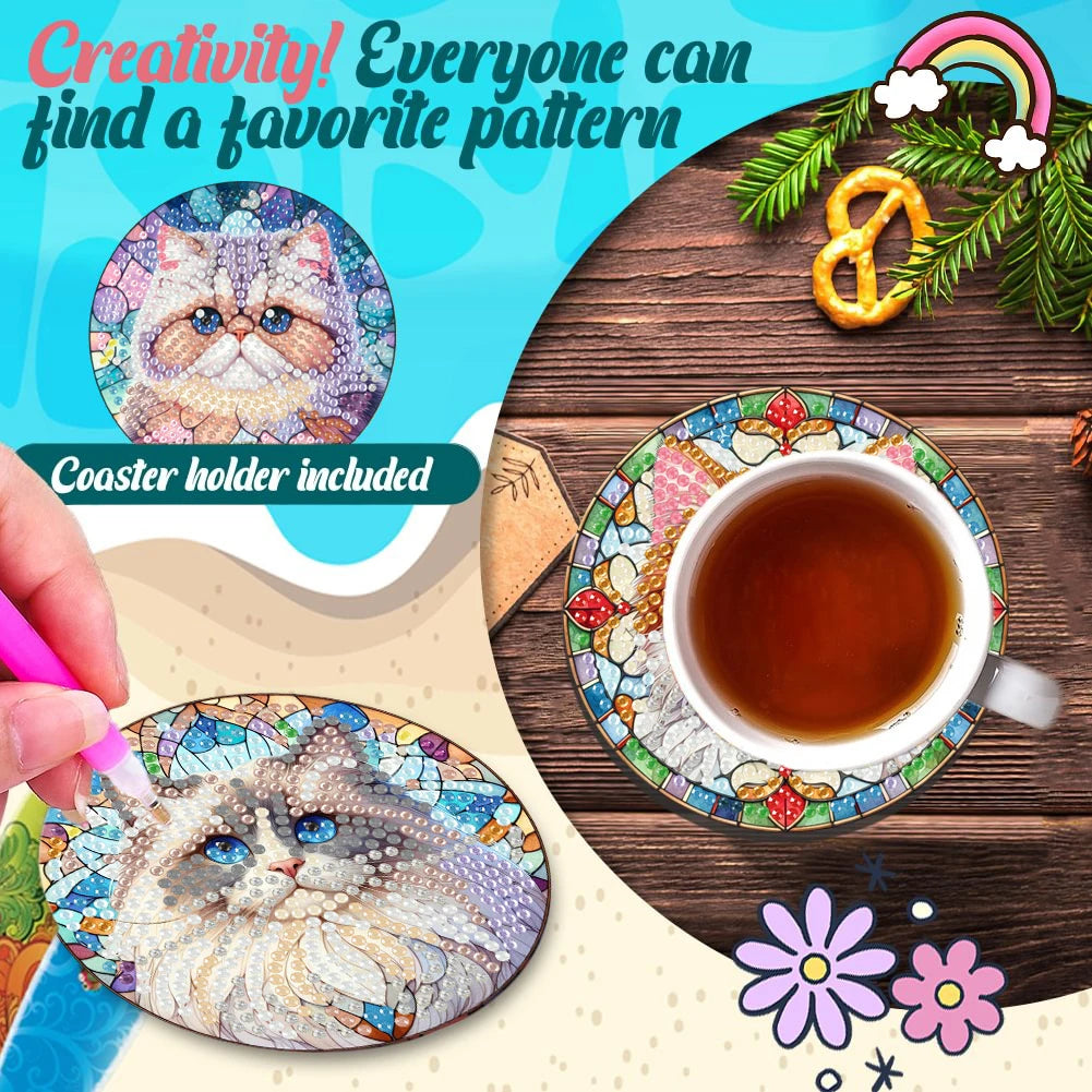 8Pcs Wooden Cats Diamond Painting Coasters