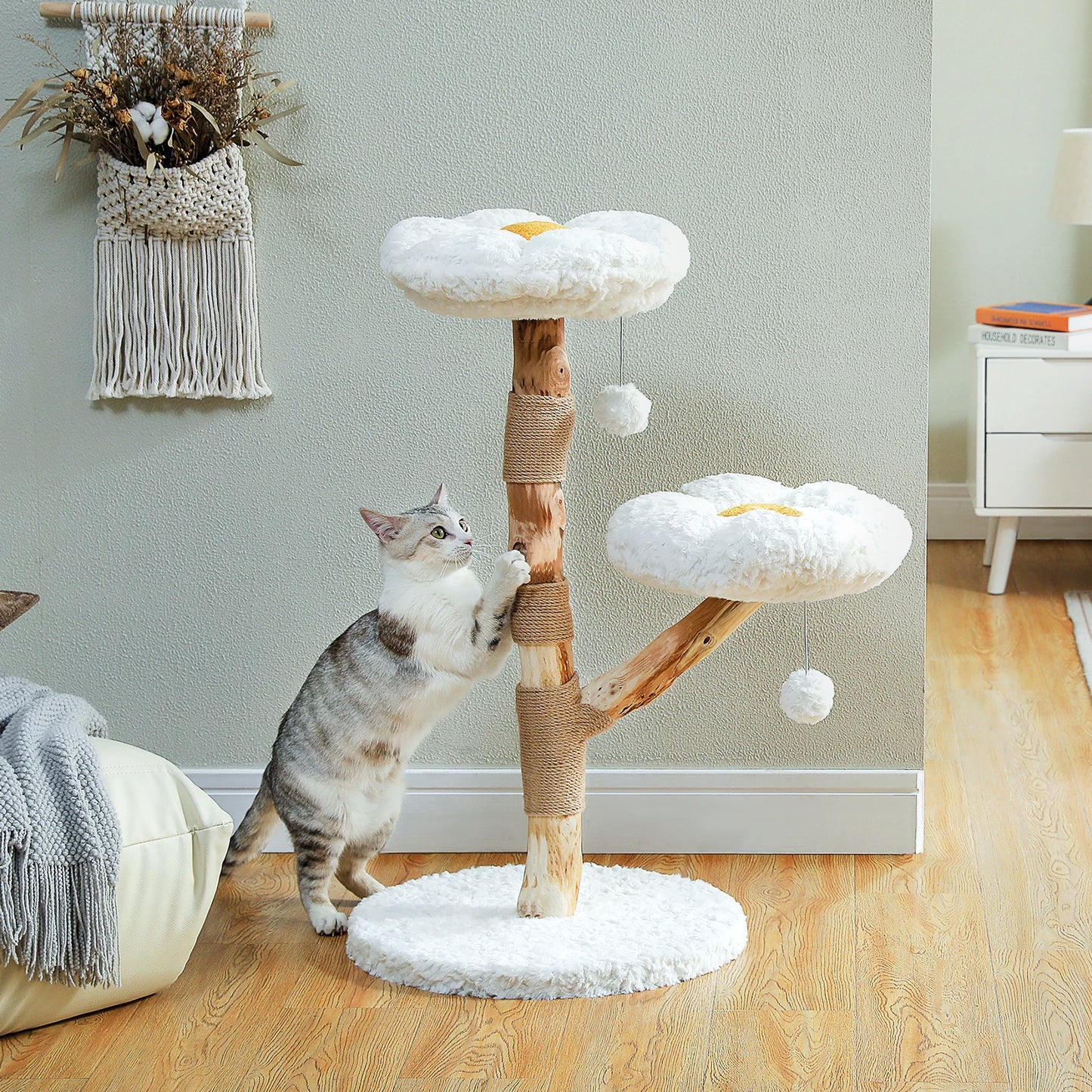 Flower Cat Tree for Indoor Cats Modern Wood Cat Tower with 2 Perches