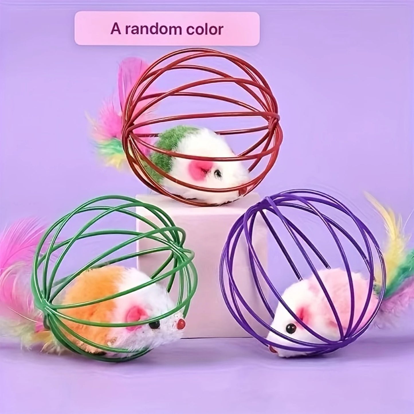 Cage Mouse Ball-Shaped Cat Toy With Feather Tail‌‌ Cat Toy