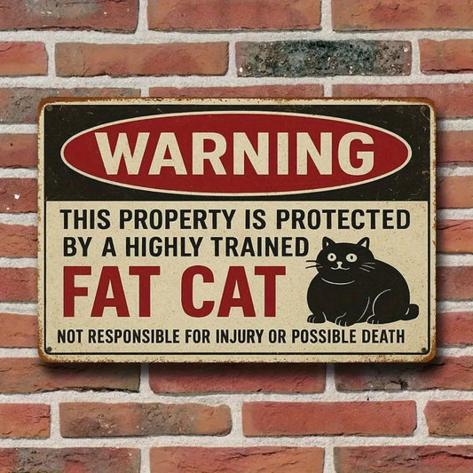 1PC Tin Sign Humorous Warning Protected By Fat Cat