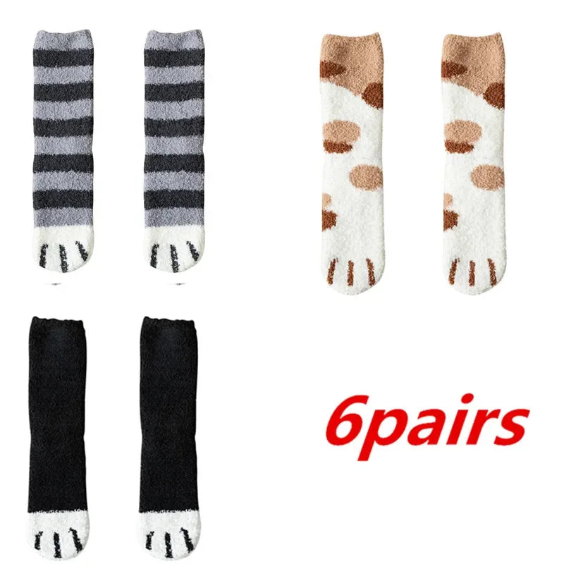 6 Pairs Womens Cats Paw Stripe 3d Socks